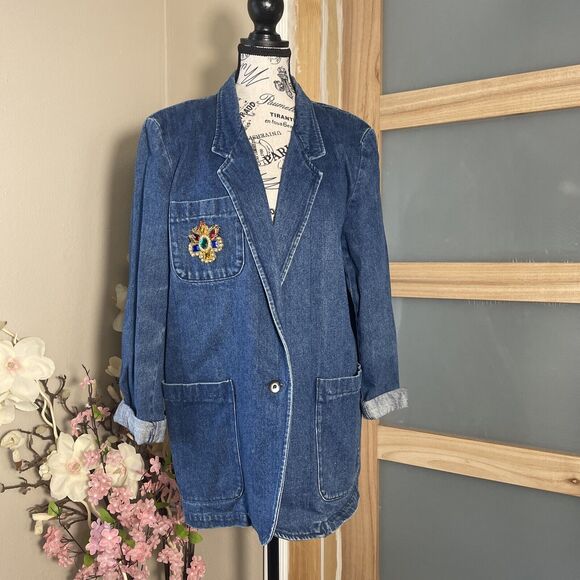 Eddie Bauer Denim Blazer with Pockets Retro Vintage Cuffed Sleeve Shoulder Pad - Picture 1 of 6